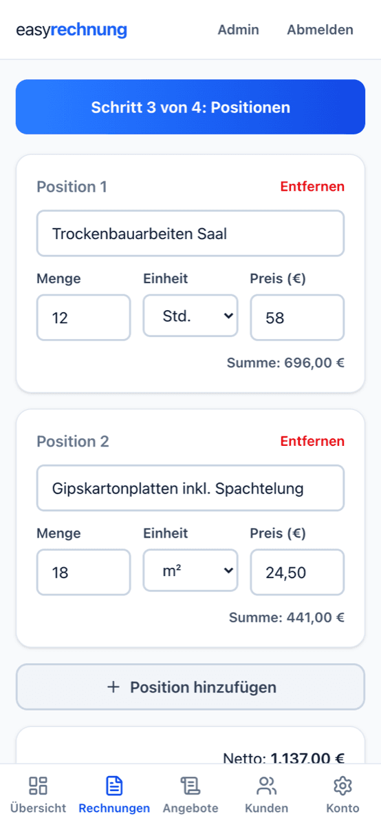 App-Screenshot Schritt 2: Positionen mit Menge, Einheit und Preis